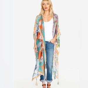 JOHNNY WAS Size OSFA Tara Kimono 100% Silk Floral Butterflies Tassels BoHo NEW
